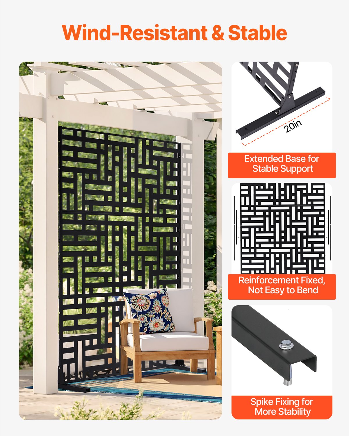 Metal Privacy Screen, 47" W x 76" H, Outdoor Privacy Screens 3-Panel, Freestanding Outdoor Divider with Stand, Decorative Garden Steel Privacy Fence for Balcony Patio Indoor Room Hot Tub Black
