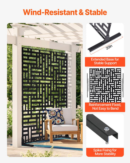 Metal Privacy Screen, 47" W x 76" H, Outdoor Privacy Screens 3-Panel, Freestanding Outdoor Divider with Stand, Decorative Garden Steel Privacy Fence for Balcony Patio Indoor Room Hot Tub Black