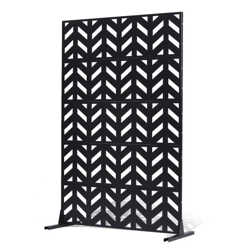 Metallskärm, 113 cm B x 183 cm H, 5-panelers skärm för utomhusbruk, fristående avdelare med stativ, dekorativt trädgårdsstaket i stål för balkong, uteplats, inomhusrum, svart