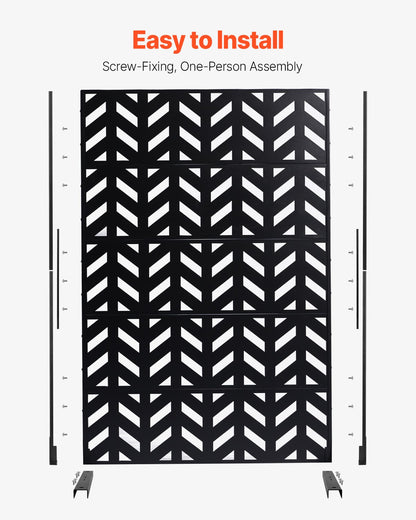 Metallskärm, 113 cm B x 183 cm H, 5-panelers skärm för utomhusbruk, fristående avdelare med stativ, dekorativt trädgårdsstaket i stål för balkong, uteplats, inomhusrum, svart