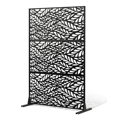 Metallskärm, 113 cm B x 183 cm H, Utomhusskärmar och paneler, Fristående utomhusavdelare med stativ, Dekorativt trädgårdsstaket i stål med 3 paneler för balkong, uteplats, inomhusrum, svart