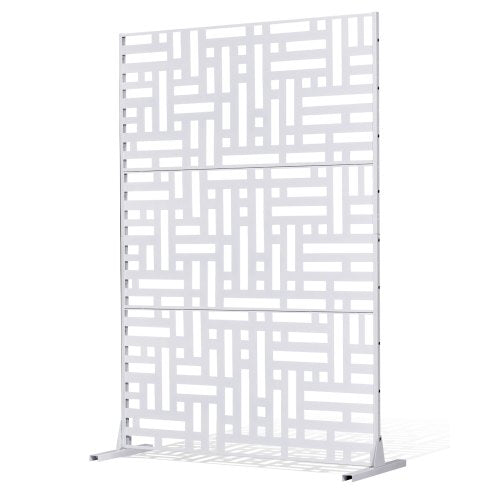 Metallskärm, 113 cm B x 183 cm H, 3-panelers avskärmare för utomhusbruk, fristående avskärmare med stativ, dekorativt trädgårdsstaket i stål för balkong, uteplats, inomhusrum, bubbelpool, vit