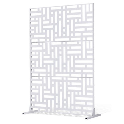 Metallskärm, 113 cm B x 183 cm H, 3-panelers avskärmare för utomhusbruk, fristående avskärmare med stativ, dekorativt trädgårdsstaket i stål för balkong, uteplats, inomhusrum, bubbelpool, vit