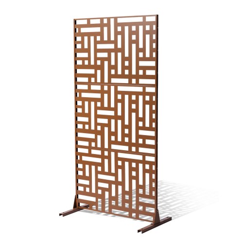 Metallskärm, 113 cm B x 183 cm H, 3-panelers avskärmning för utomhusbruk, fristående avdelare med stativ, dekorativt trädgårdsstaket i stål för balkong, uteplats, inomhusrum, bubbelpool, brunt