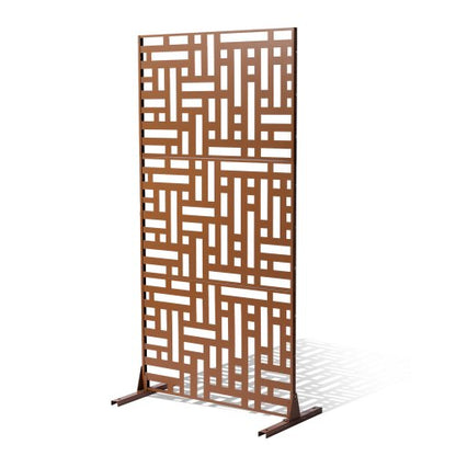 Metallskärm, 113 cm B x 183 cm H, 3-panelers avskärmning för utomhusbruk, fristående avdelare med stativ, dekorativt trädgårdsstaket i stål för balkong, uteplats, inomhusrum, bubbelpool, brunt