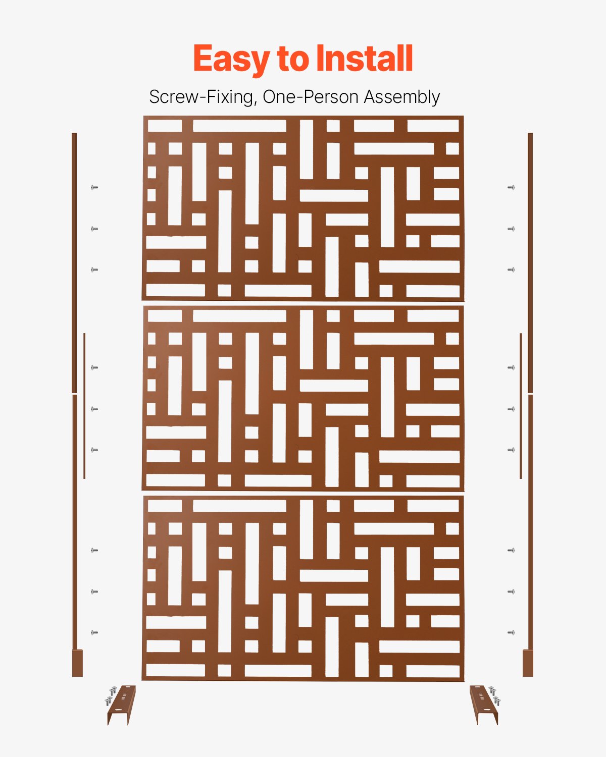 Metallskärm, 113 cm B x 183 cm H, 3-panelers avskärmning för utomhusbruk, fristående avdelare med stativ, dekorativt trädgårdsstaket i stål för balkong, uteplats, inomhusrum, bubbelpool, brunt