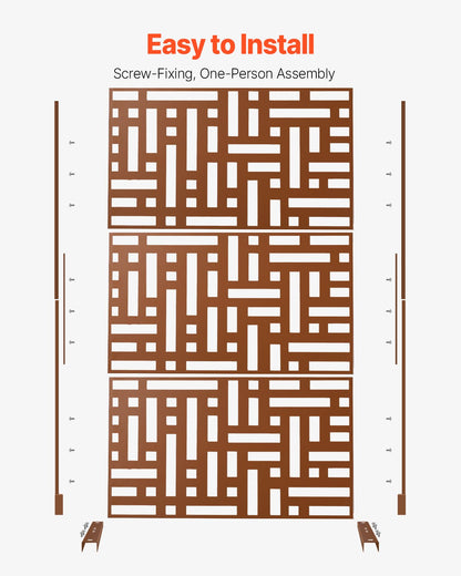 Metallskärm, 113 cm B x 183 cm H, 3-panelers avskärmning för utomhusbruk, fristående avdelare med stativ, dekorativt trädgårdsstaket i stål för balkong, uteplats, inomhusrum, bubbelpool, brunt