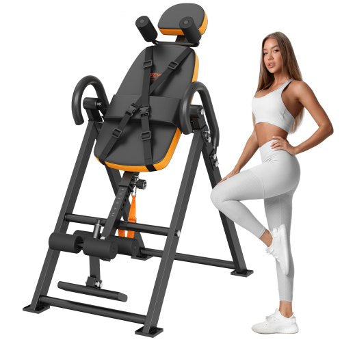 Inversionsbord, 136 kg kapacitet, kraftig inversionsbord, dekompressionsmaskin för ryggbår, styrketräningsutrustning med nackstöd, fotledslås, justerbart skyddsbälte, orange/svart