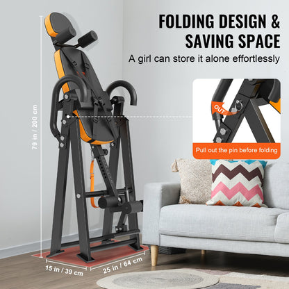 Inversionsbord, 136 kg kapacitet, kraftig inversionsbord, dekompressionsmaskin för ryggbår, styrketräningsutrustning med nackstöd, fotledslås, justerbart skyddsbälte, orange/svart