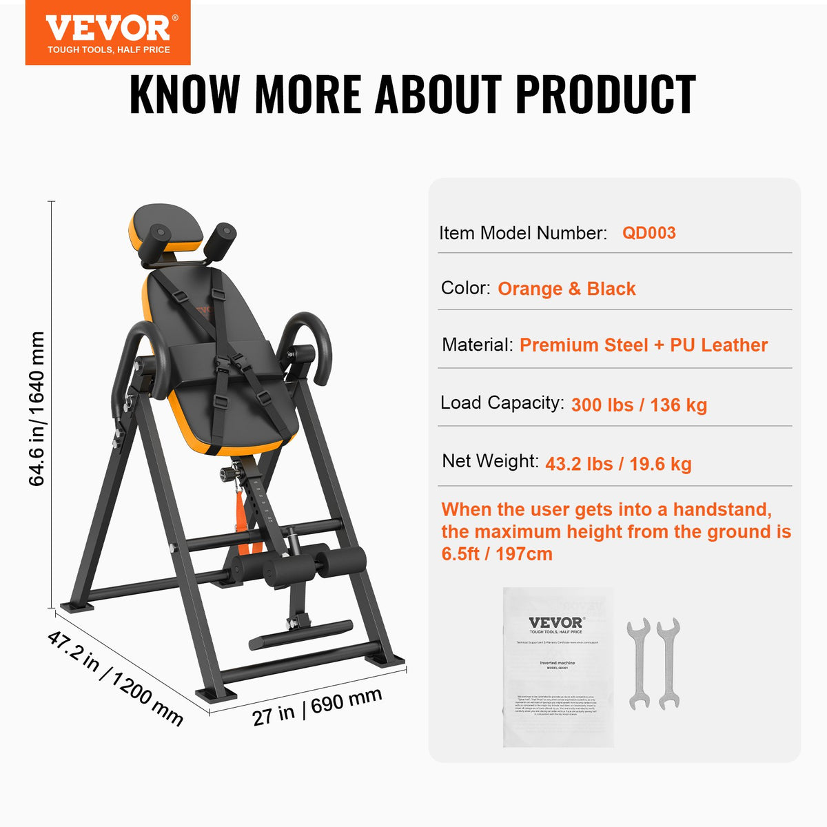 Inversionsbord, 136 kg kapacitet, kraftig inversionsbord, dekompressionsmaskin för ryggbår, styrketräningsutrustning med nackstöd, fotledslås, justerbart skyddsbälte, orange/svart