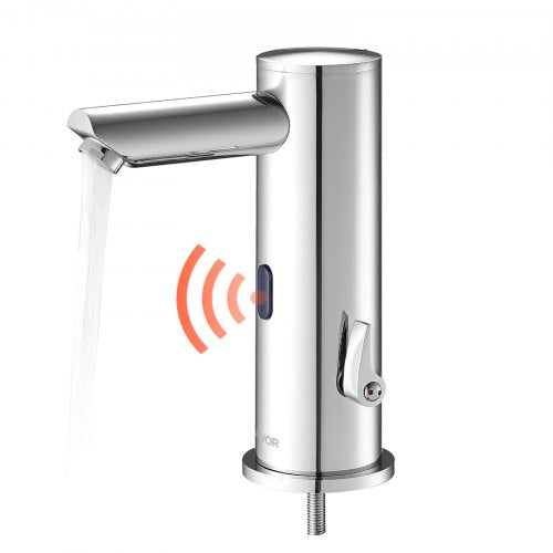 Beröringsfri handfatskran, automatisk rörelsesensor för toalett, handsfree justerbar kall varm vattenblandare med ett handtag, batteridriven för 9,5 mm rör, borstad nickelsilver