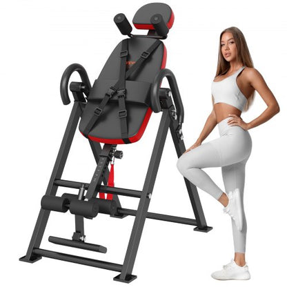 Inversionsbord, kraftigt inversionsbord med kapacitet på 136 kg, dekompressionsmaskin för ryggsträckning, styrketräningsutrustning med nackstöd, fotledslås, justerbart skyddsbälte, röd/svart