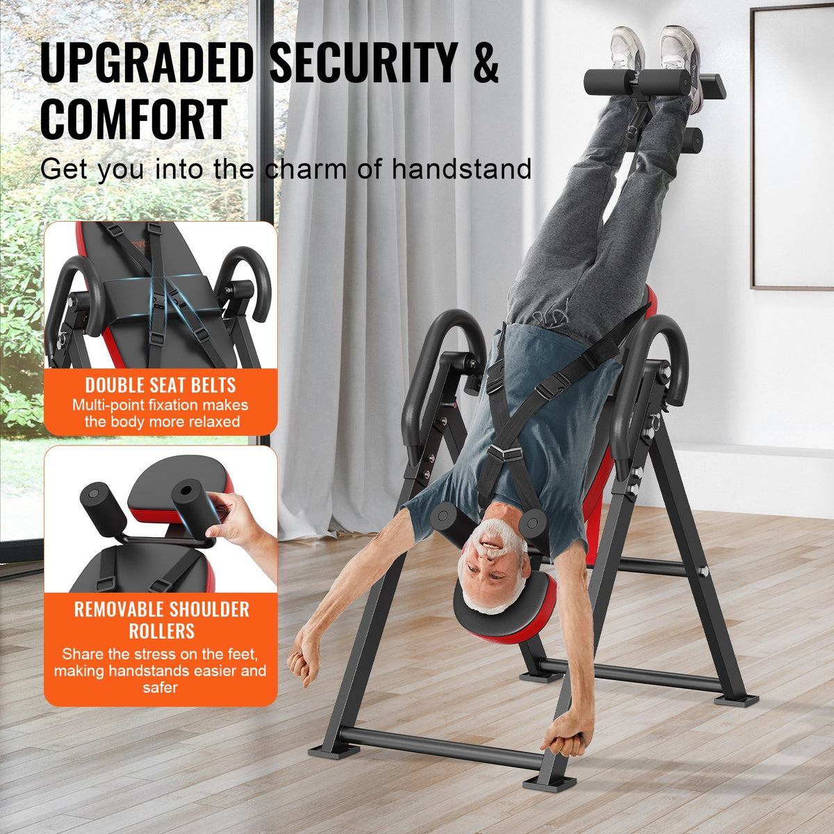 Inversionsbord, kraftigt inversionsbord med kapacitet på 136 kg, dekompressionsmaskin för ryggsträckning, styrketräningsutrustning med nackstöd, fotledslås, justerbart skyddsbälte, röd/svart