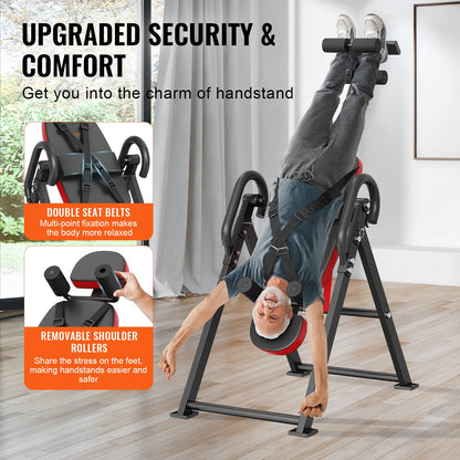 Inversionsbord, kraftigt inversionsbord med kapacitet på 136 kg, dekompressionsmaskin för ryggsträckning, styrketräningsutrustning med nackstöd, fotledslås, justerbart skyddsbälte, röd/svart