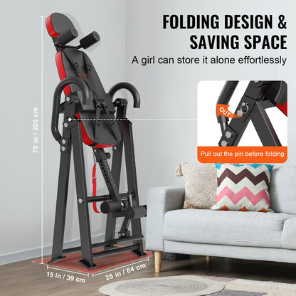 Inversionsbord, kraftigt inversionsbord med kapacitet på 136 kg, dekompressionsmaskin för ryggsträckning, styrketräningsutrustning med nackstöd, fotledslås, justerbart skyddsbälte, röd/svart