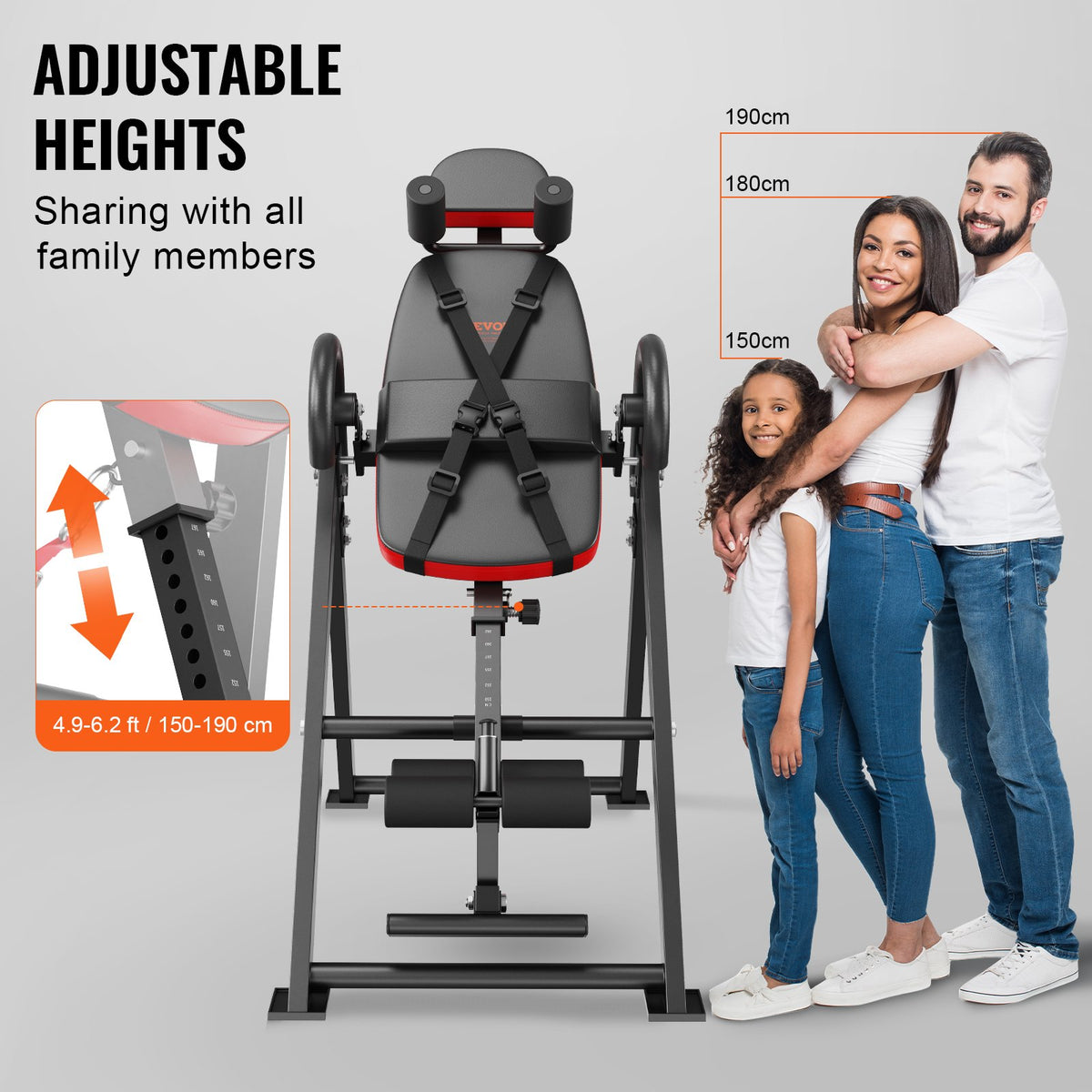 Inversionsbord, kraftigt inversionsbord med kapacitet på 136 kg, dekompressionsmaskin för ryggsträckning, styrketräningsutrustning med nackstöd, fotledslås, justerbart skyddsbälte, röd/svart