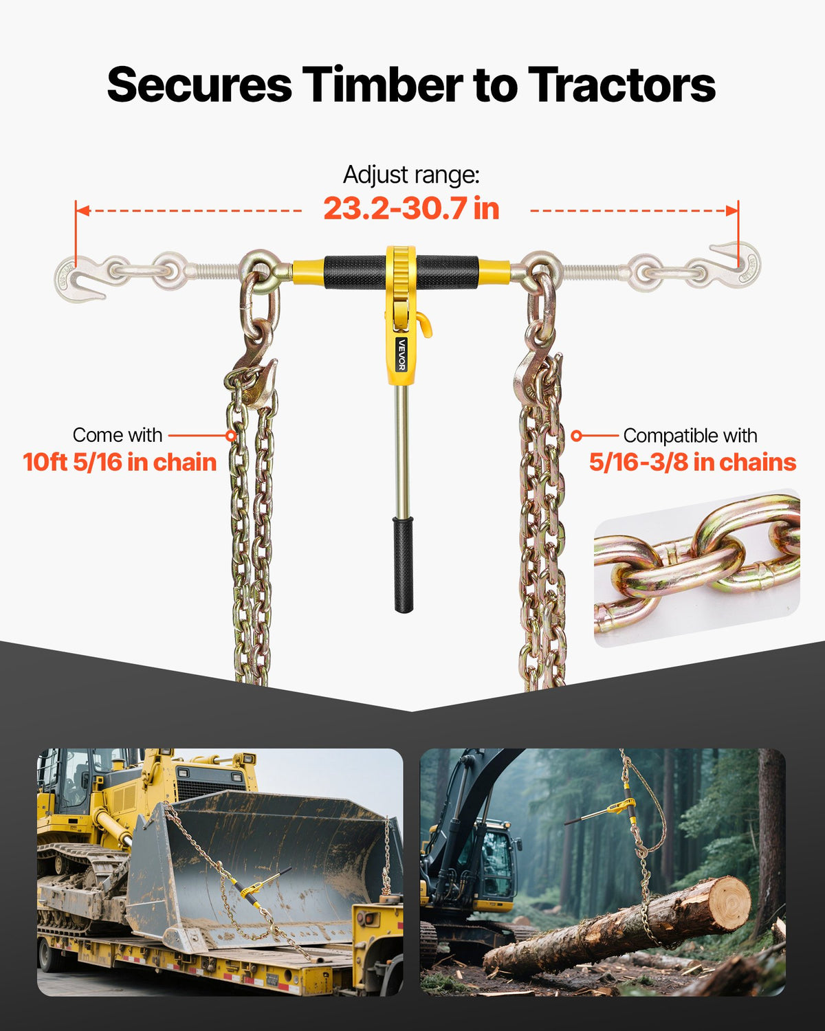 Ratchet Chain Binder, 8 mm x 3 m G80 Chains, 3629 kg Working Load of Ratchet Load Binder, Chains and Binders Set, Tie Down Hauling Chain Binders for Hauling, Towing, Logging, Lifting