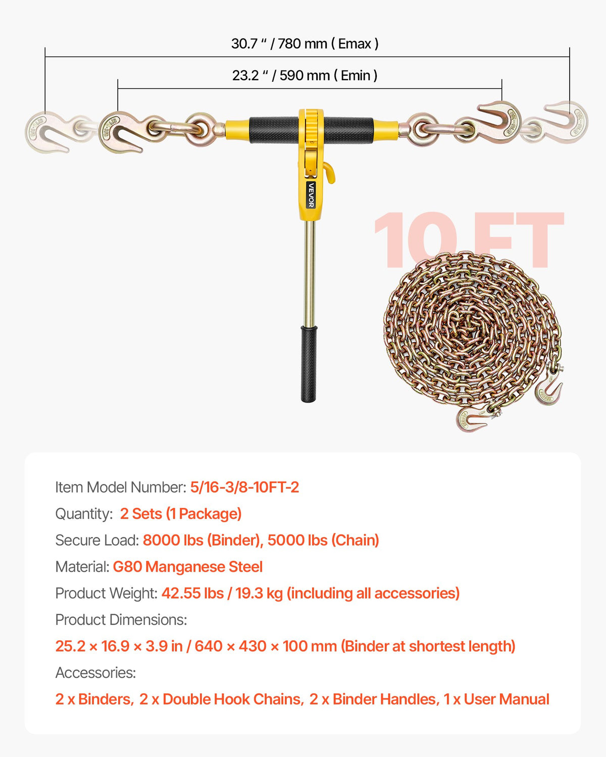 Ratchet Chain Binder, 8 mm x 3 m G80 Chains, 3629 kg Working Load of Ratchet Load Binder, Chains and Binders Set, Tie Down Hauling Chain Binders for Hauling, Towing, Logging, Lifting