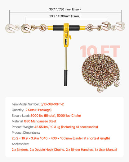 Ratchet Chain Binder, 8 mm x 3 m G80 Chains, 3629 kg Working Load of Ratchet Load Binder, Chains and Binders Set, Tie Down Hauling Chain Binders for Hauling, Towing, Logging, Lifting