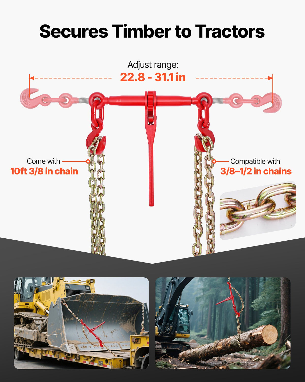 Ratchet Chain Binder, 10 mm x 3 m G80 Chains, 4173 kg Working Load of Ratchet Load Binder, Chains and Binders Set, Tie Down Hauling Chain Binders for Hauling, Towing, Logging, Lifting