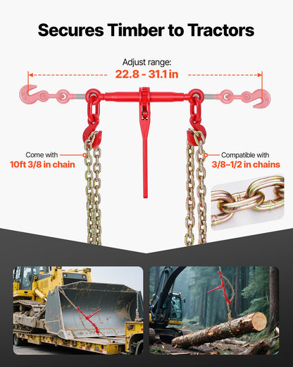 Ratchet Chain Binder, 10 mm x 3 m G80 Chains, 4173 kg Working Load of Ratchet Load Binder, Chains and Binders Set, Tie Down Hauling Chain Binders for Hauling, Towing, Logging, Lifting
