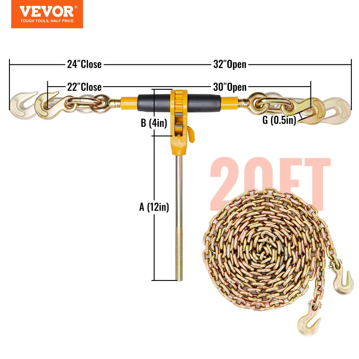 Ratchet Chain Binder, 0.8 - 0.9 cm Heavy Duty Load Binders, with G80 Chains 3220 kg Secure Load Limit, Labor-saving Anti-skid Handle, Tie Down Hauling Chain Binders for Flatbed Truck Trailer, 4 P