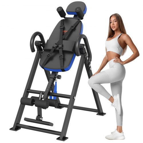 Inversionsbord, 136 kg kapacitet, kraftig inversionsbord, dekompressionsmaskin för ryggsträckning, styrketräningsutrustning med nackstöd, fotledslås, justerbart skyddsbälte, blå/svart