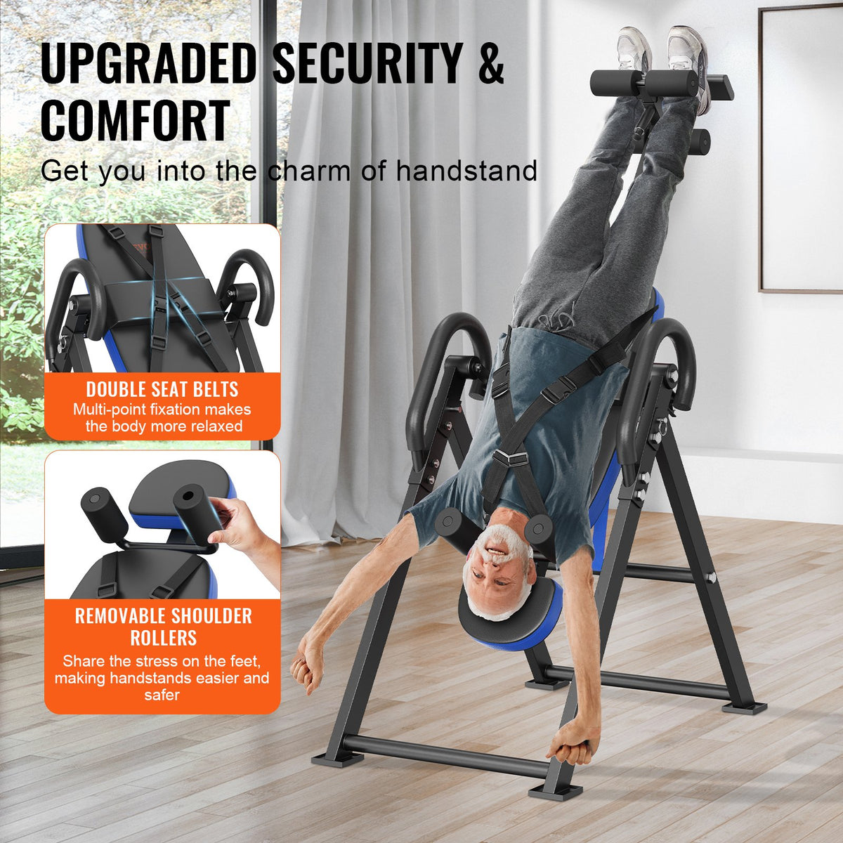 Inversionsbord, 136 kg kapacitet, kraftig inversionsbord, dekompressionsmaskin för ryggsträckning, styrketräningsutrustning med nackstöd, fotledslås, justerbart skyddsbälte, blå/svart
