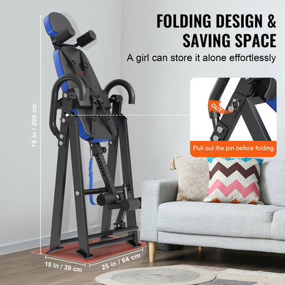 Inversionsbord, 136 kg kapacitet, kraftig inversionsbord, dekompressionsmaskin för ryggsträckning, styrketräningsutrustning med nackstöd, fotledslås, justerbart skyddsbälte, blå/svart