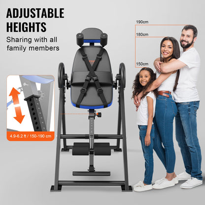 Inversionsbord, 136 kg kapacitet, kraftig inversionsbord, dekompressionsmaskin för ryggsträckning, styrketräningsutrustning med nackstöd, fotledslås, justerbart skyddsbälte, blå/svart