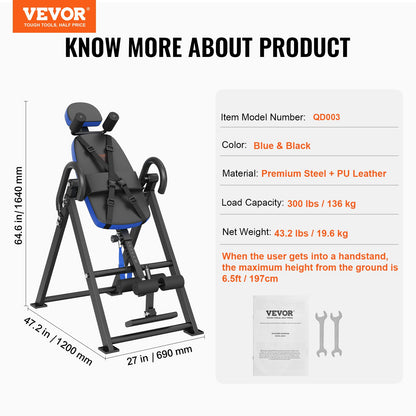 Inversionsbord, 136 kg kapacitet, kraftig inversionsbord, dekompressionsmaskin för ryggsträckning, styrketräningsutrustning med nackstöd, fotledslås, justerbart skyddsbälte, blå/svart
