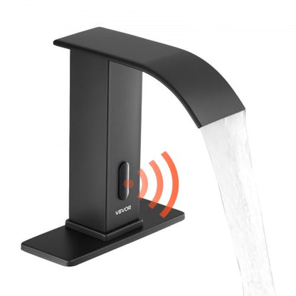 Touchless Bathroom Sink Faucet, Automatic Motion Sensor Waterfall Restroom Toilet Faucet with Hole Cover Plate, Battery Operated,Hot/Cold Water for 9.5 mm Pipe Commercial Lavatory,Matte Black