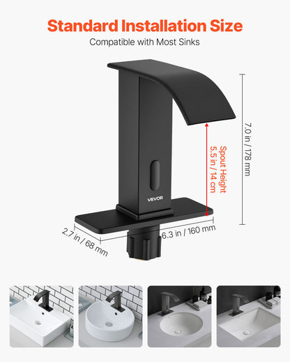 Touchless Bathroom Sink Faucet, Automatic Motion Sensor Waterfall Restroom Toilet Faucet with Hole Cover Plate, Battery Operated,Hot/Cold Water for 9.5 mm Pipe Commercial Lavatory,Matte Black