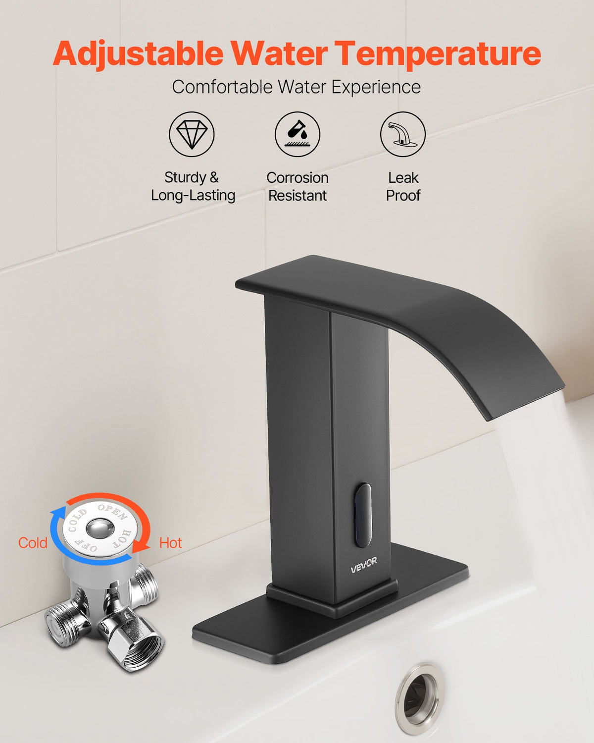 Touchless Bathroom Sink Faucet, Automatic Motion Sensor Waterfall Restroom Toilet Faucet with Hole Cover Plate, Battery Operated,Hot/Cold Water for 9.5 mm Pipe Commercial Lavatory,Matte Black
