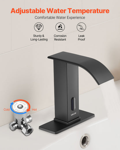 Touchless Bathroom Sink Faucet, Automatic Motion Sensor Waterfall Restroom Toilet Faucet with Hole Cover Plate, Battery Operated,Hot/Cold Water for 9.5 mm Pipe Commercial Lavatory,Matte Black