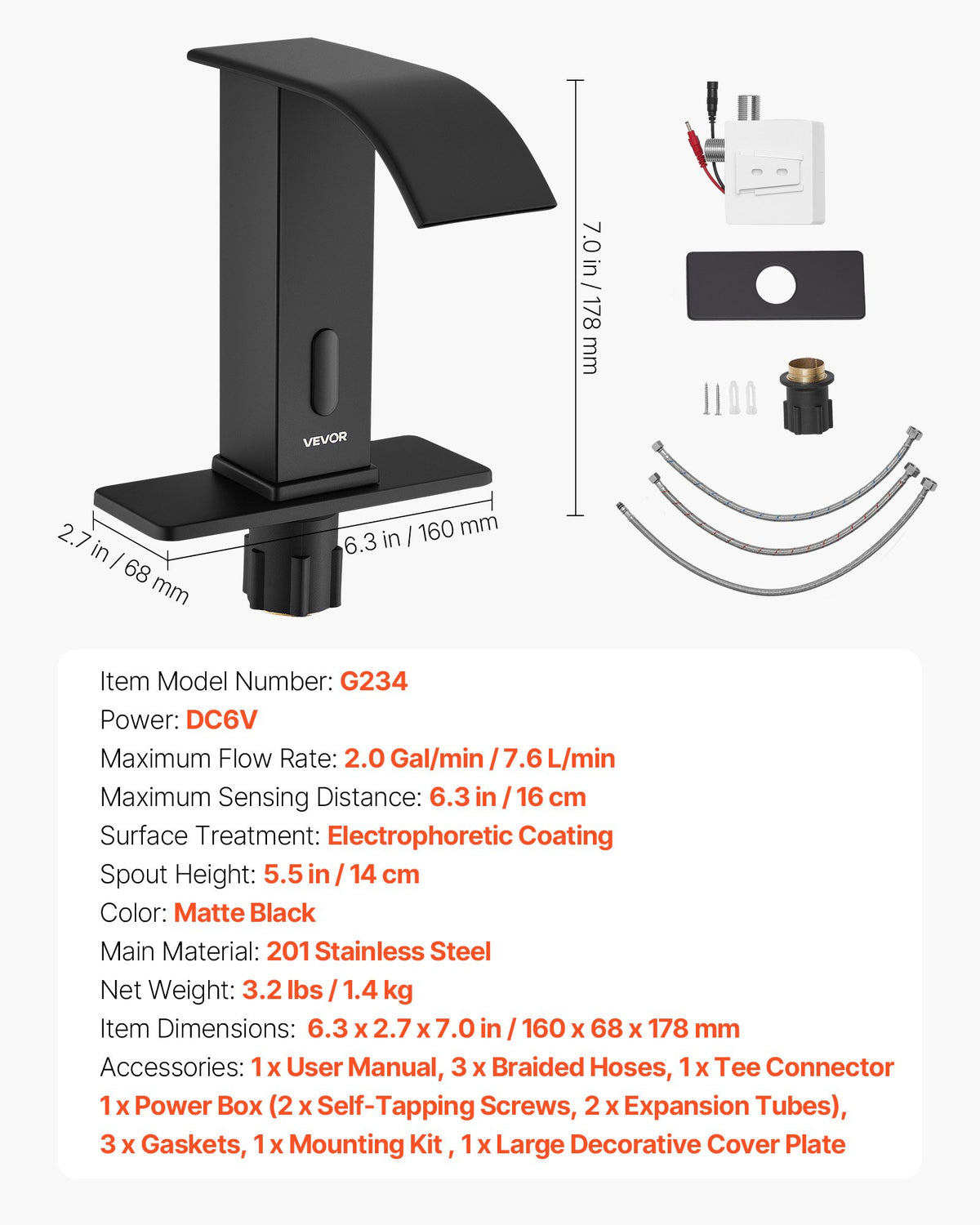 Touchless Bathroom Sink Faucet, Automatic Motion Sensor Waterfall Restroom Toilet Faucet with Hole Cover Plate, Battery Operated,Hot/Cold Water for 9.5 mm Pipe Commercial Lavatory,Matte Black