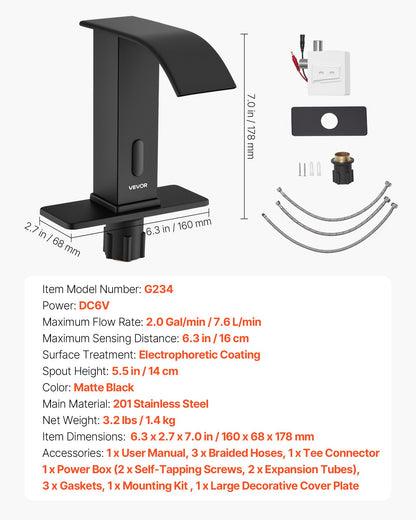 Touchless Bathroom Sink Faucet, Automatic Motion Sensor Waterfall Restroom Toilet Faucet with Hole Cover Plate, Battery Operated,Hot/Cold Water for 9.5 mm Pipe Commercial Lavatory,Matte Black