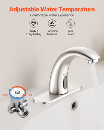 Touchless Bathroom Sink Faucet, Automatic Motion Sensor Restroom Toilet Faucet with Hole Cover Plate, Battery Operated,Adjustable Temp for 9.5 mm Pipe Commercial Lavatory,Brushed Nickel Silver