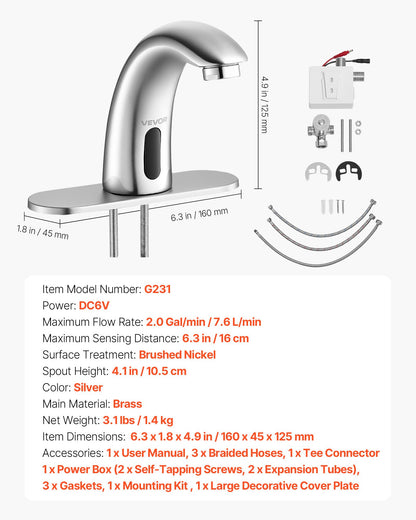 Touchless Bathroom Sink Faucet, Automatic Motion Sensor Restroom Toilet Faucet with Hole Cover Plate, Battery Operated,Adjustable Temp for 9.5 mm Pipe Commercial Lavatory,Brushed Nickel Silver