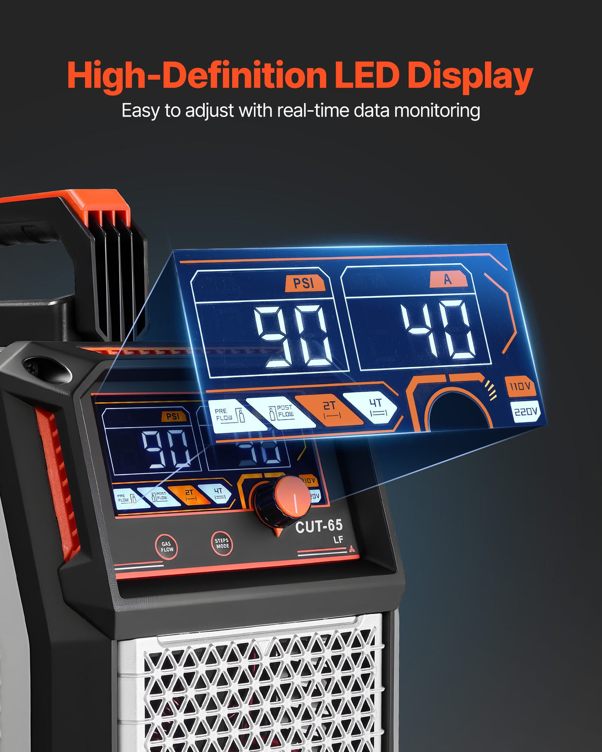 Plasmaskärare, 65A beröringsfri pilotbågsplasmaskärmaskin, icke-högfrekvent - med 2T/4T-funktion och justerbar PT-tid, digital display, IGBT-växelriktare för hemreparationer, verkstäder