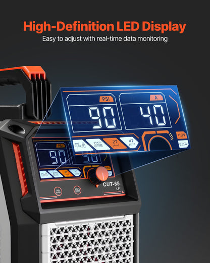 Plasmaskärare, 65A beröringsfri pilotbågsplasmaskärmaskin, icke-högfrekvent - med 2T/4T-funktion och justerbar PT-tid, digital display, IGBT-växelriktare för hemreparationer, verkstäder