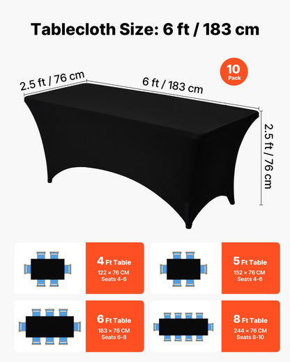 10-pack bordsdukar för 1,8 meter rektangulära evenemang, skrynkelresistenta svarta stretchdukar, tvättbara spandexdukar, för fest, bröllop, cocktail, bankett, festival