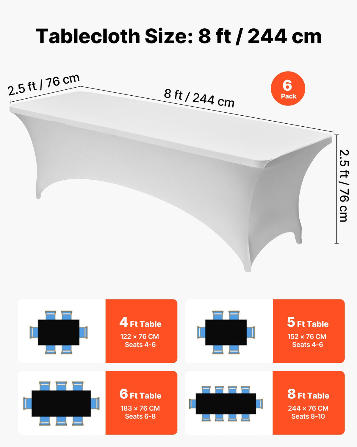 6 Pack Table Cloth for 8FT Rectangular Fitted Events, Wrinkle-Resistant Stretch White Table Covers, Washable Spandex Tablecloth Protector, for Party, Wedding, Cocktail, Banquet, Festival