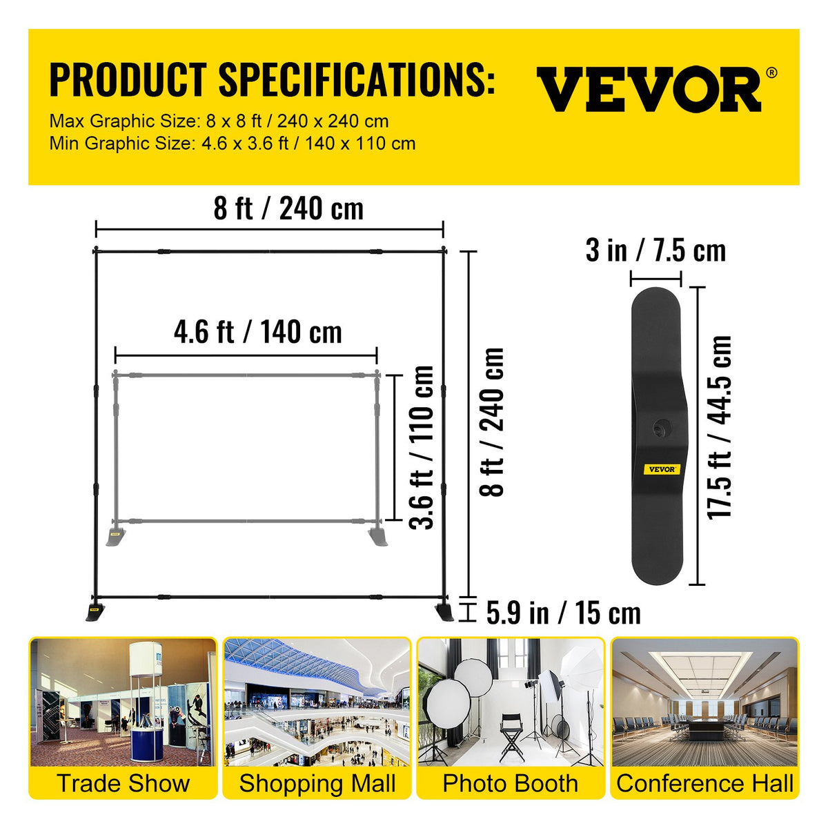 243.8 cm Backdrop Banner Stand Step and Repeat Adjustable Telescopic Lightweight Trade Show Display Wall Exhibitor with Carrying Bag