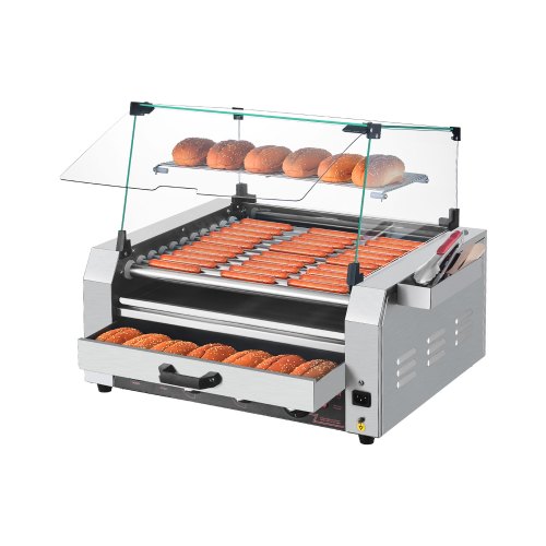 Varmkorvsrulle, 30 varmkorvar med 11 rullar, korvgrill i rostfritt stål, 2400W varmkorvsmaskin med bullvärmare, lock, 3 temperaturkontroller, sidoförvaringslåda, oljedroppbricka, för hem och företag