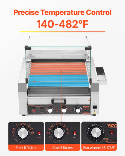 Varmkorvsrulle, 30 varmkorvar med 11 rullar, korvgrill i rostfritt stål, 2400W varmkorvsmaskin med bullvärmare, lock, 3 temperaturkontroller, sidoförvaringslåda, oljedroppbricka, för hem och företag
