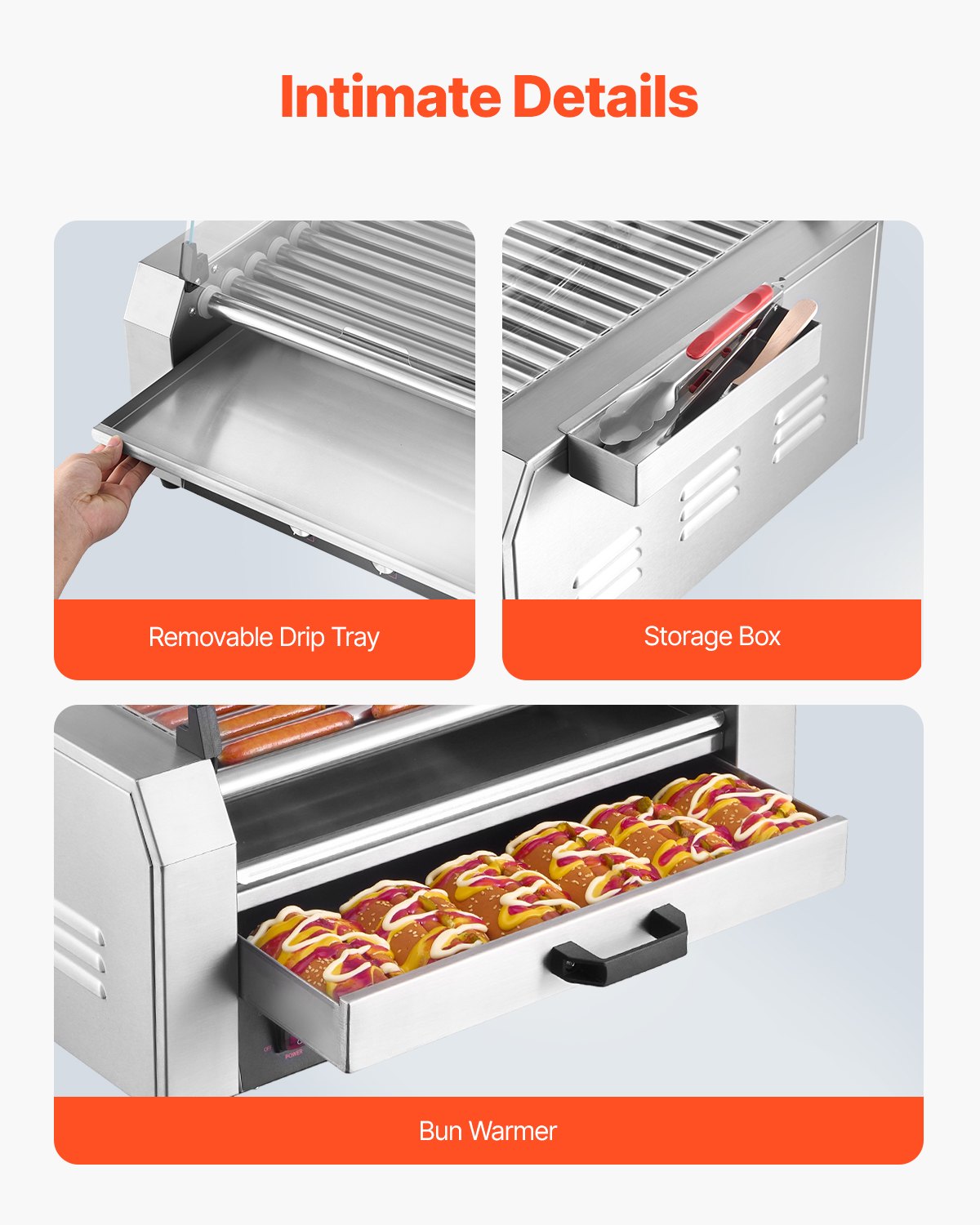 Varmkorvsrulle, 30 varmkorvar med 11 rullar, korvgrill i rostfritt stål, 2400W varmkorvsmaskin med bullvärmare, lock, 3 temperaturkontroller, sidoförvaringslåda, oljedroppbricka, för hem och företag