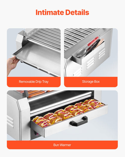 Varmkorvsrulle, 30 varmkorvar med 11 rullar, korvgrill i rostfritt stål, 2400W varmkorvsmaskin med bullvärmare, lock, 3 temperaturkontroller, sidoförvaringslåda, oljedroppbricka, för hem och företag