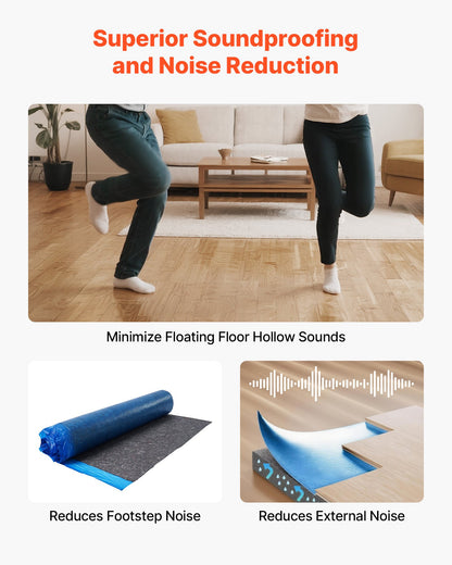 Golvunderlag 9,3 m²/rulle, 3 mm tjock laminatgolvstoppning med bifogad ångspärr, kraftig fiber + PE-film, ljudisolering och bullerreducering, perfekt för vinylgolv