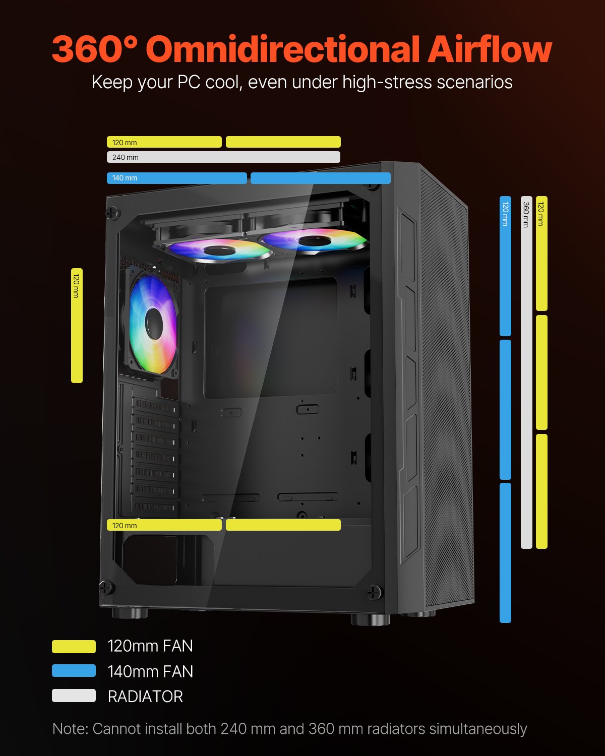 PC-spelchassi, mid-tower, datorchassi med högluftsflödespanel i härdat glas, dammfilter, 3 x 120 mm ARGB-fläktar, enkel kabelhantering, för GPU upp till 320 mm i längd, för ATX / M-ATX / ITX
